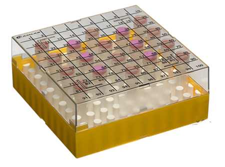 Kryobox av makrolon, 100-pos, för 10.5 mm, vit insats + lock, 5 st/fp